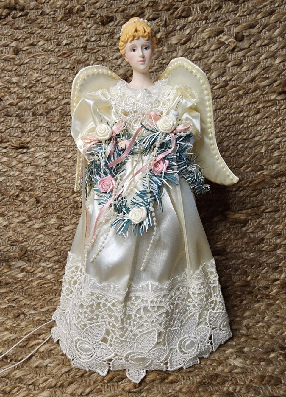 Vintage Traditions Lighted Angel Christmas Tree Topper Satin Gown Roses Beaded